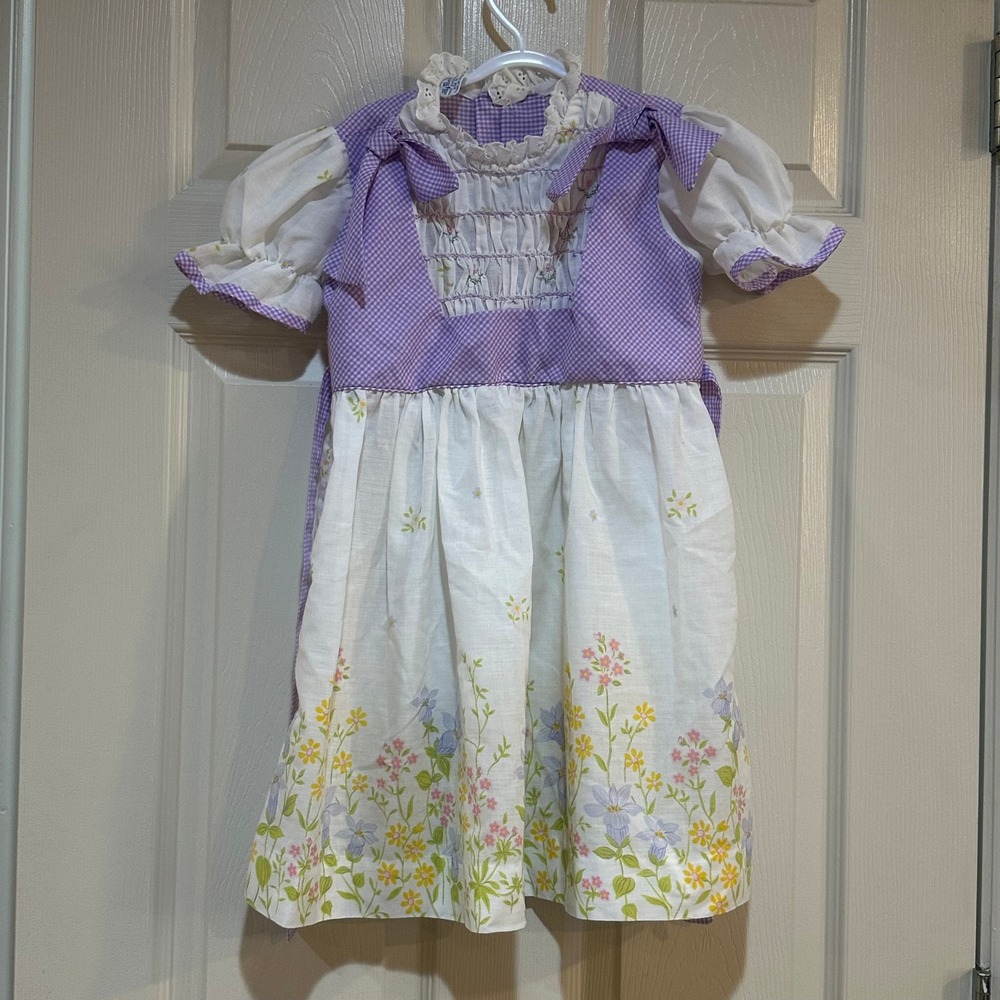 Vintage Polly Flinders Girls Purple Gingham Hand Smocked Floral Dress Size 6X